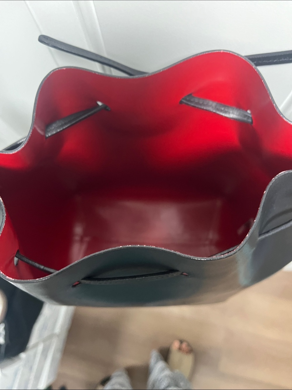 Mansur Gavriel Black Leather Bucket Shoulder Bag with Red Eyelet 13 x12.5x 6 - Picture 4 of 16
